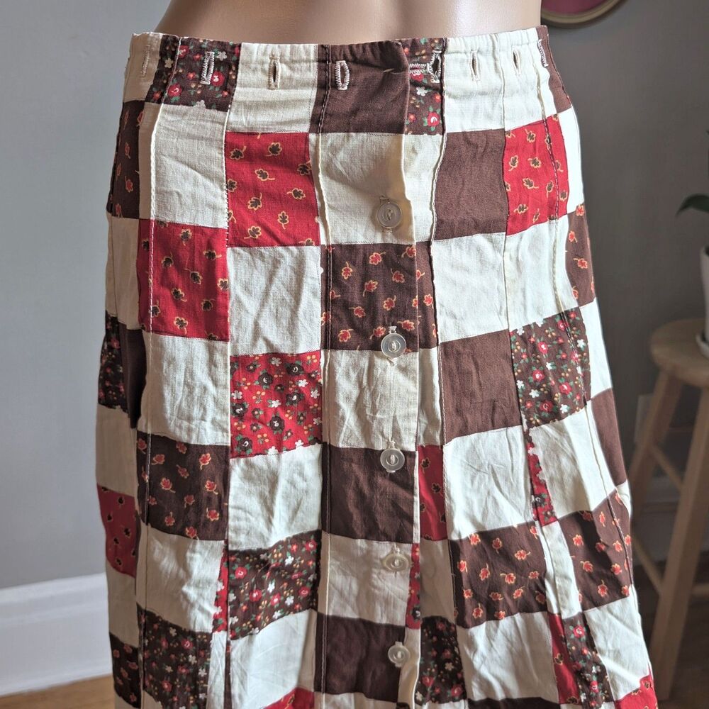 Vintage 1970s SiSi Midi Skirt Quilted Patchwork Floral Prairie Cottagecore Large - Picture 9 of 11